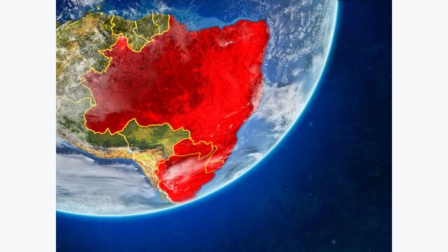 Ansicht auf einen Teil einer realistisch dargestellten Weltkugel, die Mercosur-Staaten rot hervorgehoben.