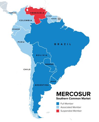 Die Mercosur-Länder hervorgehoben auf einer Südamerika-Karte.