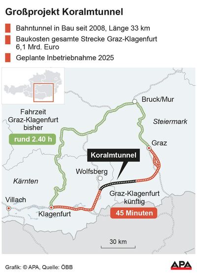 Karte zeigt die geplante Bahnlinie durch den Koralmtunnel