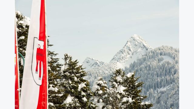 Großes Walsertal in Vorarlberg im Winter, auf der Seite Ausschnitt einer großen Vorarlberger Flagge