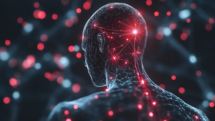 Rückenansicht auf Kopf und Schultern einer humanoiden Figur vor schwarzem Hintergrund. Leuchtend rote Bahne und Punkte symbolisieren Nervensystem, Neuronen und eventuell schmerzreize.