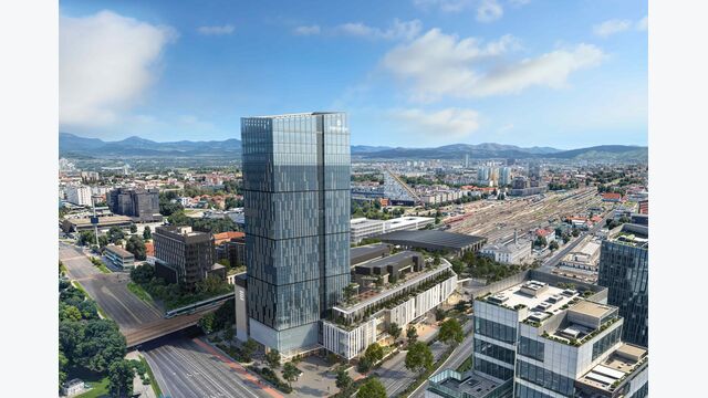 Außenansicht auf Büroturm in der Stadt, im Rahmen des Bauprojekts Emonika in Ljubljana