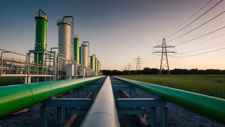 Darstellung von Wasserstoff: KI-generiertes Bild riesiger grauer und grüner Leitungen unter freiem Himmel, darüber Strommasten