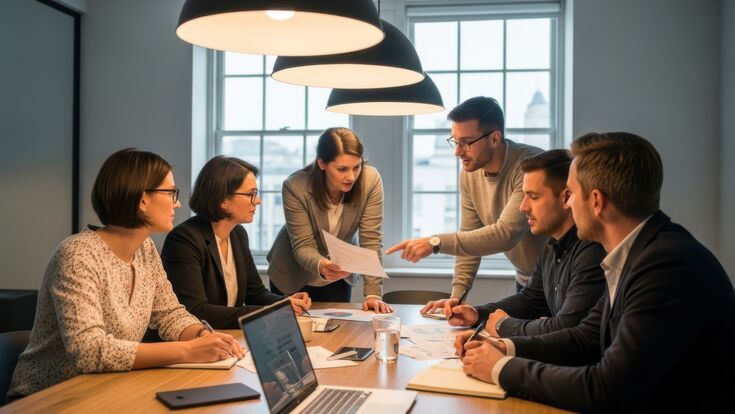 Zwei Frauen und zwei Männer sitzend bei einem Meeting an einem Tisch, eine Frau und ein Mann stehend diskutieren über ein Schriftstück. KI-generiert
