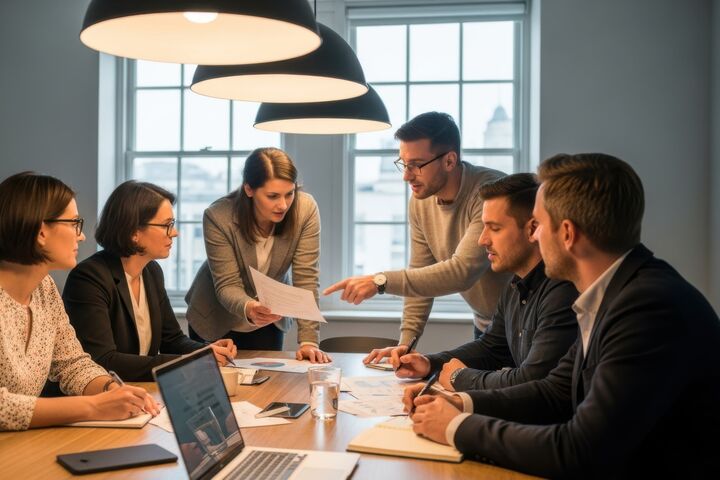 Zwei Frauen und zwei Männer sitzend bei einem Meeting an einem Tisch, eine Frau und ein Mann stehend diskutieren über ein Schriftstück. KI-generiert