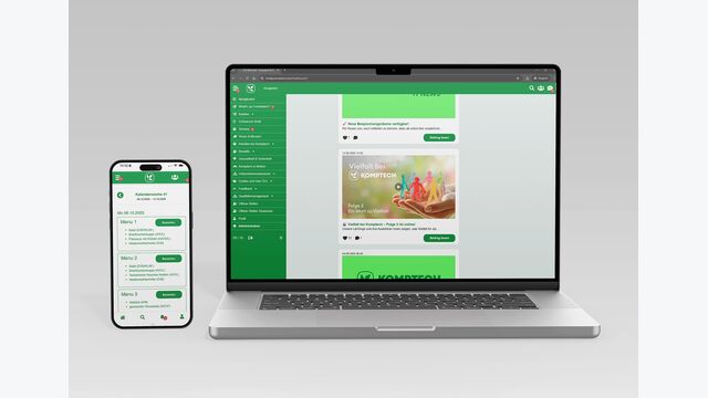 ansicht auf laptop und smartphone mit LOLYO Mitarbeiter-App „BR!DGE“, genutzt von Komptech