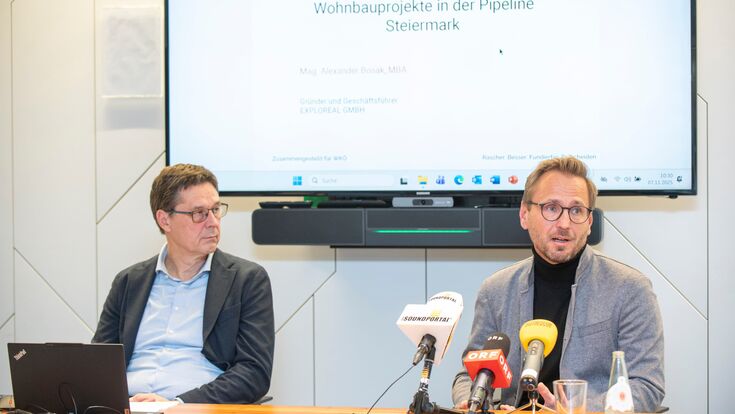 Fachgruppenobmann Andreas Kern (r.) und Alexander Bosak, Geschäftsführer von Exploreal, präsentieren die 2025er Ergebnisse der Bauträgerdatenbank.