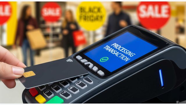 Eine Hand hält eine Bankomat- oder Kreditkarte an ein Bezahlgerät, im Hintergrund Sale- und Black Friday-Schilder verschwommen sichtbar