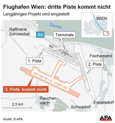 Plan Flughafen Wien Schwechat mit bestehenden Start- und Landebahnen