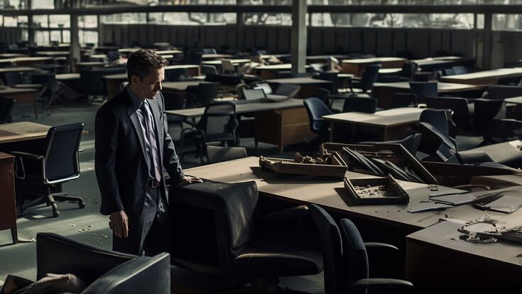 KI-generiertes Bild eines traurigen Manns im Anzug in einer dämmrigen zerstörten Bürohalle