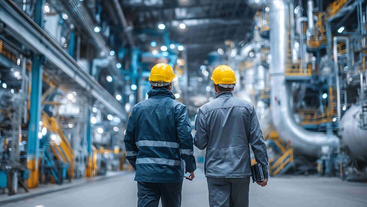 Rückenansicht auf zwei Arbeiter mit Schutzhelmen in einer großen Halle mit einem riesigen Rohrsystem in der Energieindustrie