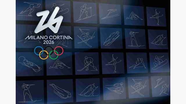 olympische ringe und Logo der olympischen winterspiele 2026 in mailand und cortina mit symbolbildern von wintersportarten im hintergrund