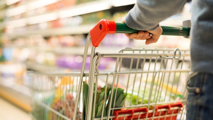 detailansicht auf hände, die einen einkaufswagen mit lebensmitteln durch einen supermarkt schieben