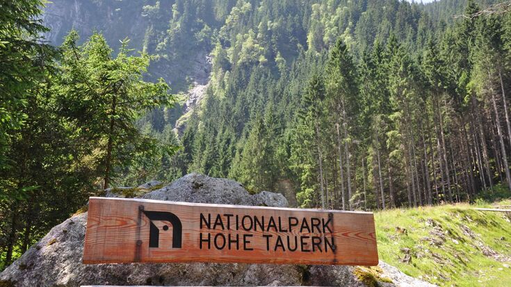 Holzschild mit Aufschrift "Nationalpark Hohe Tauern" mit Wiese und Wald im Hintergrund