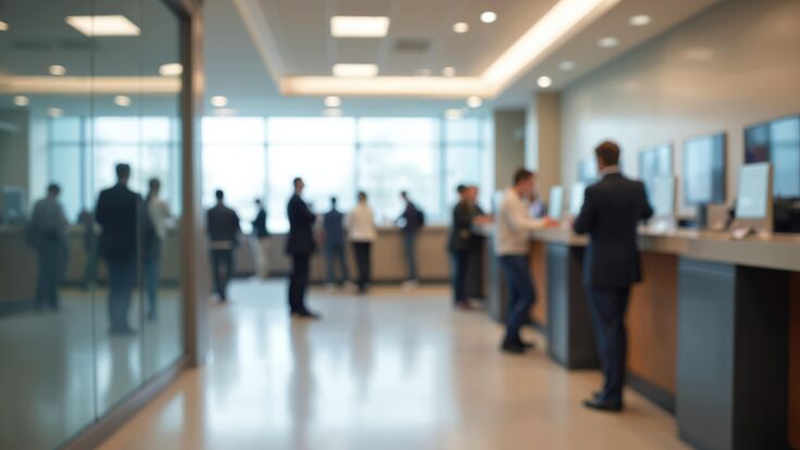 KI-generiert: verschwommene Ansicht eines Bank-Foyers mit mehreren Computern und Menschen