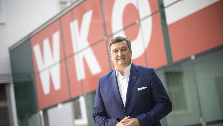Wirtschaftskammer Kärnten Präsident Jürgen Mandl vor großem WKO-Logo