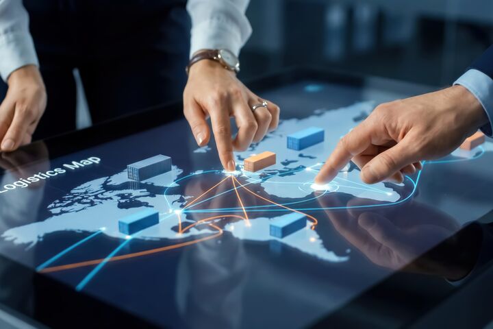 KI-generiertes bild von Händen zweier personen, die auf einer digitalen Weltkarte verbindungen einzeichnen