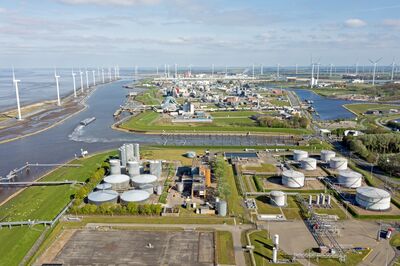 Aerial from windmills and industry at Eemshaven in the Netherlands