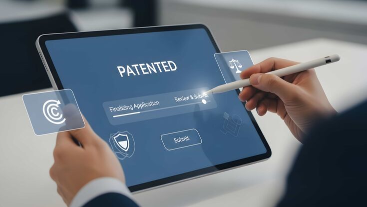 hände einer person führen auf tablet eine patentanmeldung durch