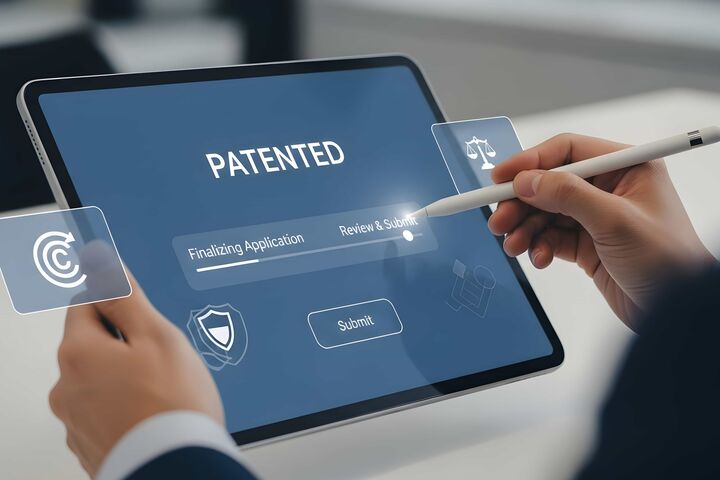 hände einer person führen auf tablet eine patentanmeldung durch