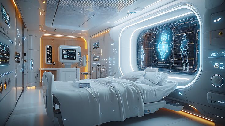 bett in einem futuristischen krankenhauszimmer, KI-generiert