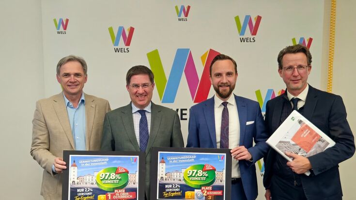 Peter Jungreithmair, MBA (GF Wels Marketing & Touristik GmbH/WBA), Bürgermeister Dr. Andreas Rabl (Stadt Wels), Wirtschaftsstadtrat Dr. Martin Oberndorfer (Stadt Wels), Mag. Hannes Lindner (Geschäftsführer von Standort + Markt) präsentieren den City Retail Report 2026
