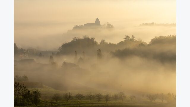 schloss gamlitz in der südsteiermark und umliegendes weingut in tiefem nebel