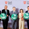 Präsentieren zero emission transport ergebnisse 2026: Hans Roth, Gründer von Saubermacher, Walter Ruck, Präsident der WK Wien, Wiens Bürgermeister Michael Ludwig, Tina Schrettner, Geschäftsführerin Ankerbrot und Karl-Heinz Strauss, CEO von Porr
