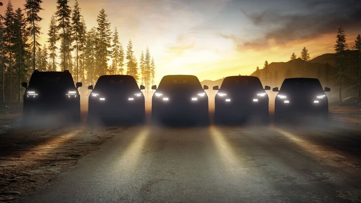 lineup von 5 dunklen ford-autos in waldlichtung mit eingeschalteten scheinwerfern