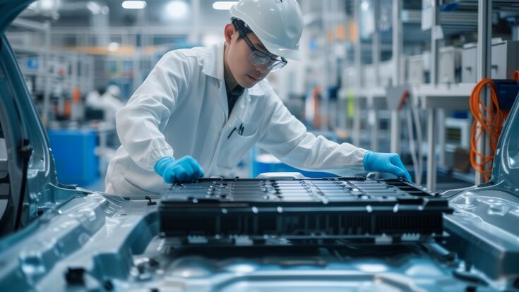 Chinese engineer working on EV car battery cells module in a electric vehicle factory