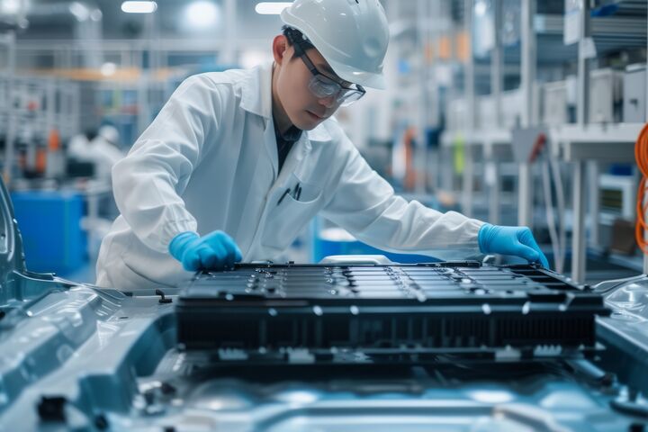 Chinese engineer working on EV car battery cells module in a electric vehicle factory