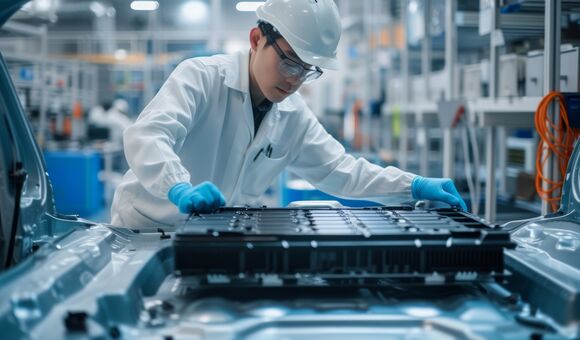 Chinese engineer working on EV car battery cells module in a electric vehicle factory